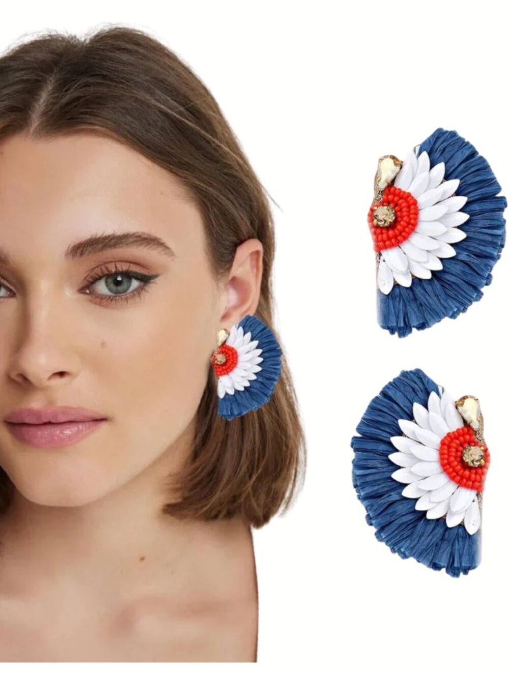 4th of July American Pride Raffia Angel Wing Style Crystal Accent Earrings